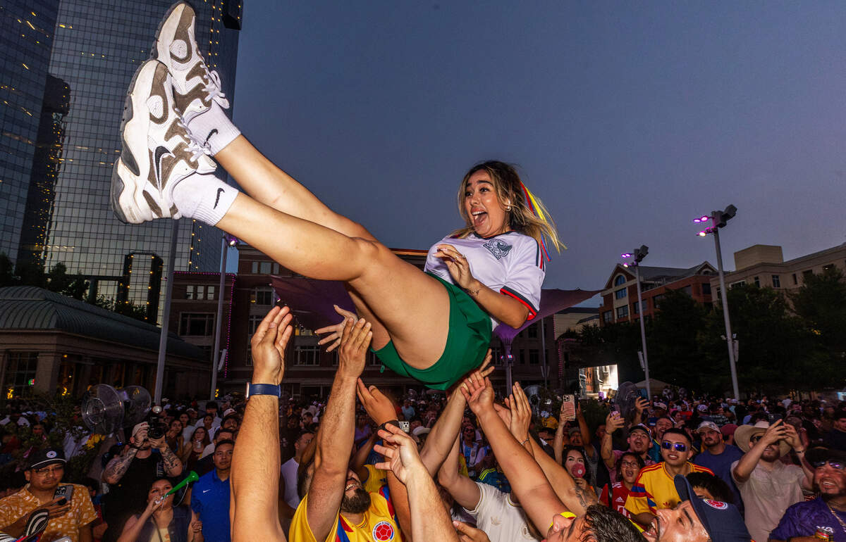 Liz Rodriguez gets tossed in the air during a FIFA Summer of Soccer event at Sundance Square in Fort Worth on June 27, 2026. Sundance Square hosted viewing parties throughout the World Cup.